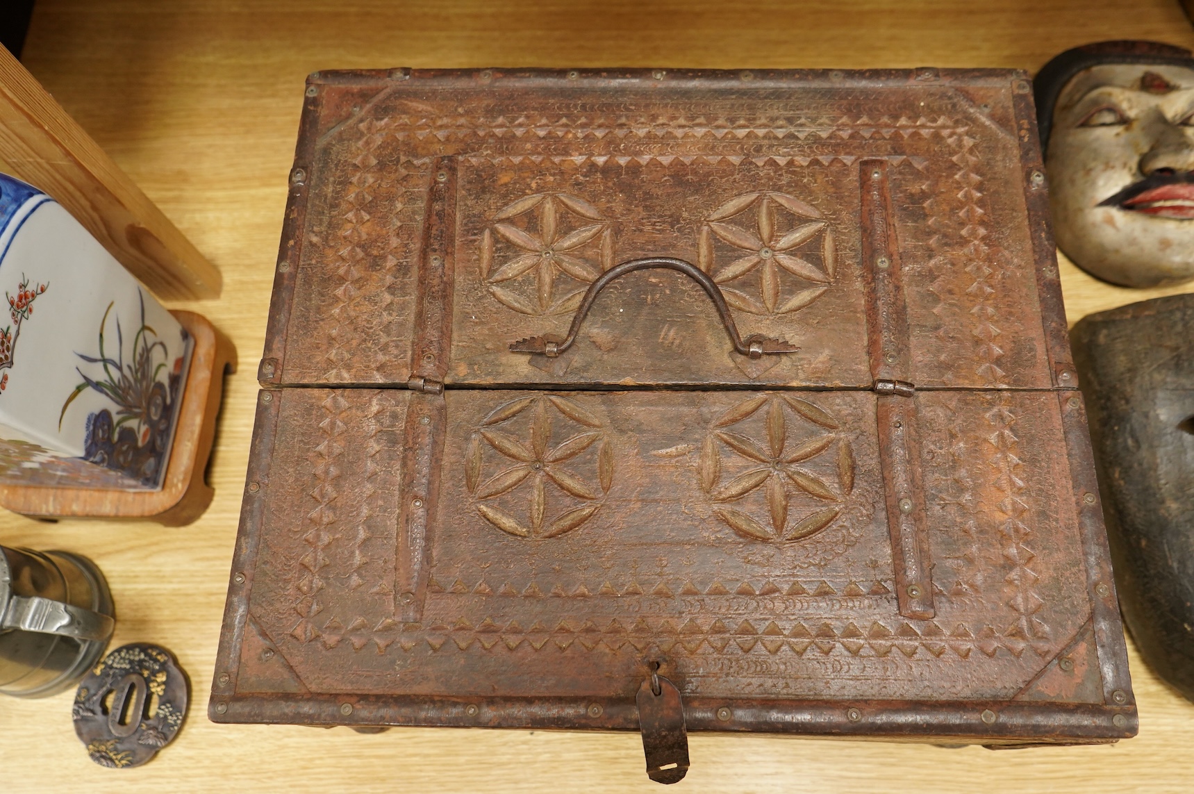 An Indian table top dowry chest with chip-carved and incised detail, 39cm wide